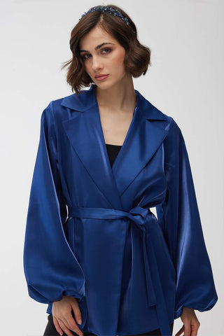 Satin Double-Breasted Kimono With Wide Collar Night Blue