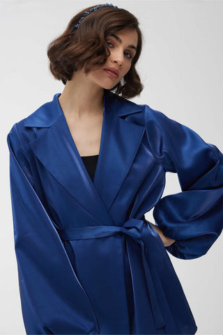 Satin Double-Breasted Kimono With Wide Collar Night Blue