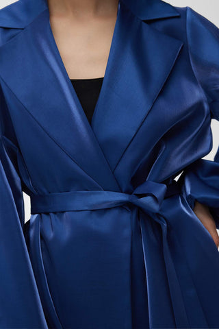 Satin Double-Breasted Kimono With Wide Collar Night Blue