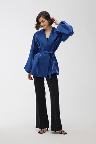 Satin Double-Breasted Kimono With Wide Collar Night Blue