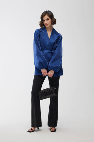 Satin Double-Breasted Kimono With Wide Collar Night Blue