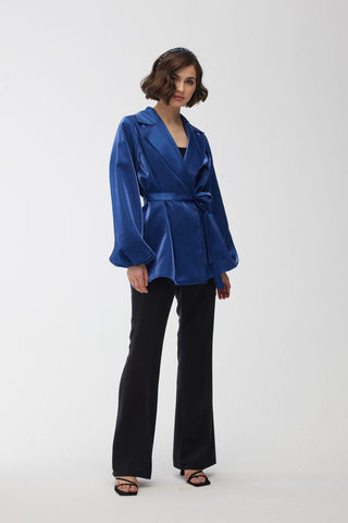 Satin Double-Breasted Kimono With Wide Collar Night Blue