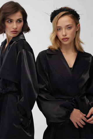 Satin Double-Breasted Kimono With Wide Collar Black