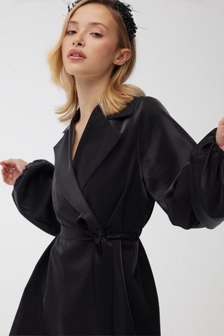 Satin Double-Breasted Kimono With Wide Collar Black