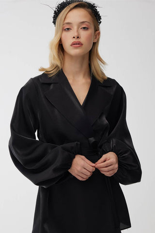 Satin Double-Breasted Kimono With Wide Collar Black