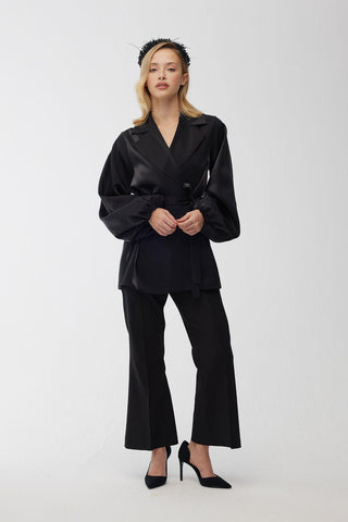 Satin Double-Breasted Kimono With Wide Collar Black