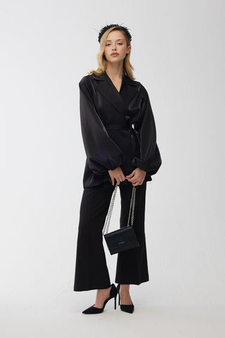 Satin Double-Breasted Kimono With Wide Collar Black