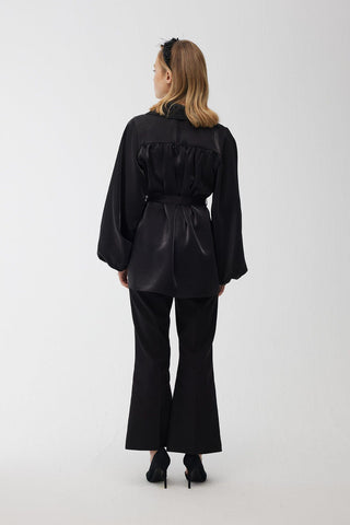 Satin Double-Breasted Kimono With Wide Collar Black