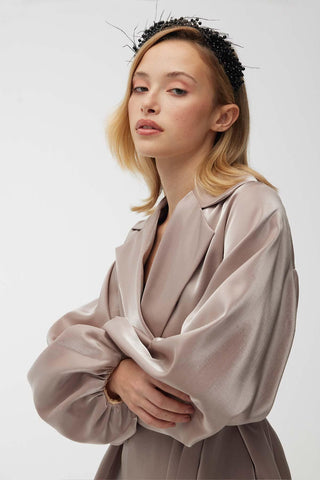 Satin Double-Breasted Kimono With Wide Collar Mink