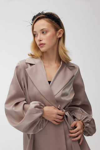 Satin Double-Breasted Kimono With Wide Collar Mink