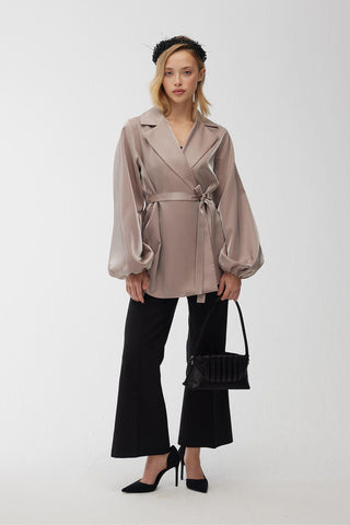 Satin Double-Breasted Kimono With Wide Collar Mink