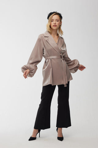 Satin Double-Breasted Kimono With Wide Collar Mink