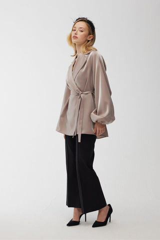 Satin Double-Breasted Kimono With Wide Collar Mink