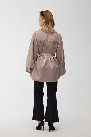 Satin Double-Breasted Kimono With Wide Collar Mink