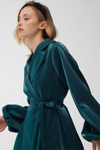 Satin Double-Breasted Kimono With Wide Collar Green