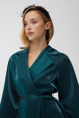 Satin Double-Breasted Kimono With Wide Collar Green