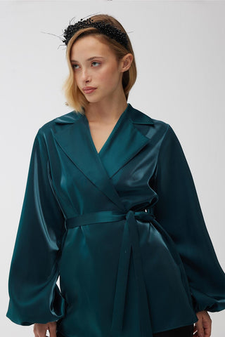 Satin Double-Breasted Kimono With Wide Collar Green