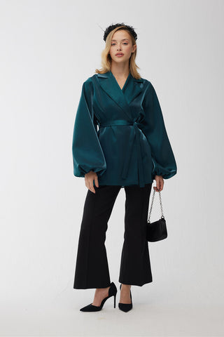 Satin Double-Breasted Kimono With Wide Collar Green