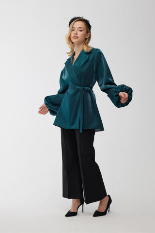 Satin Double-Breasted Kimono With Wide Collar Green