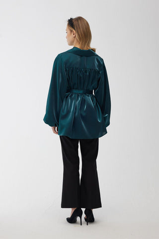 Satin Double-Breasted Kimono With Wide Collar Green