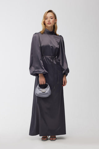 Balloon Sleeve Satin Dress Anthracite