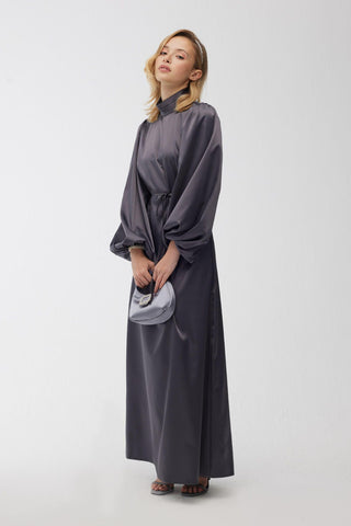 Balloon Sleeve Satin Dress Anthracite