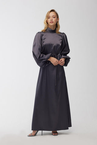 Balloon Sleeve Satin Dress Anthracite