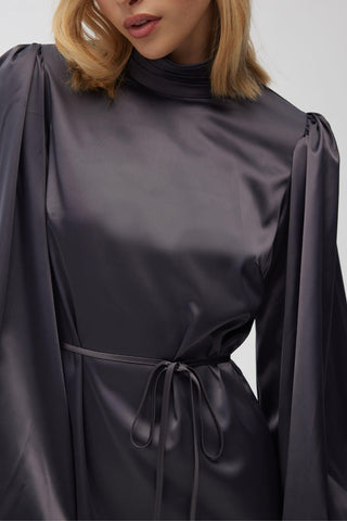 Balloon Sleeve Satin Dress Anthracite