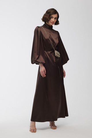 Balloon Sleeve Satin Dress Brown