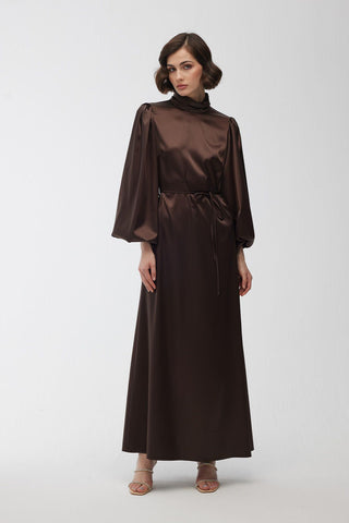 Balloon Sleeve Satin Dress Brown