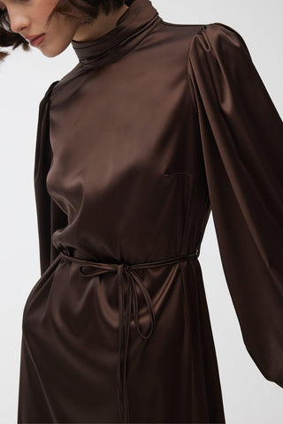 Balloon Sleeve Satin Dress Brown