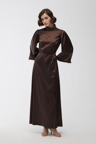 Balloon Sleeve Satin Dress Brown