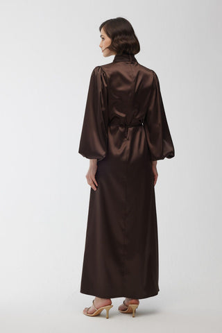 Balloon Sleeve Satin Dress Brown