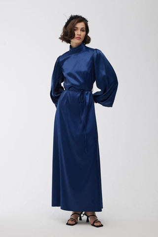 Balloon Sleeve Satin Dress Navy Blue