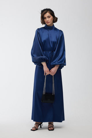 Balloon Sleeve Satin Dress Navy Blue