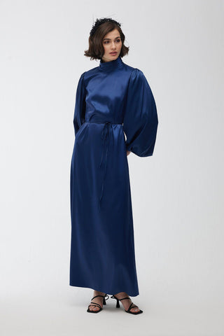 Balloon Sleeve Satin Dress Navy Blue