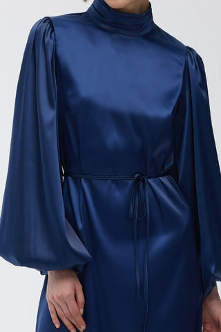 Balloon Sleeve Satin Dress Navy Blue