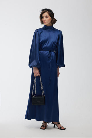 Balloon Sleeve Satin Dress Navy Blue