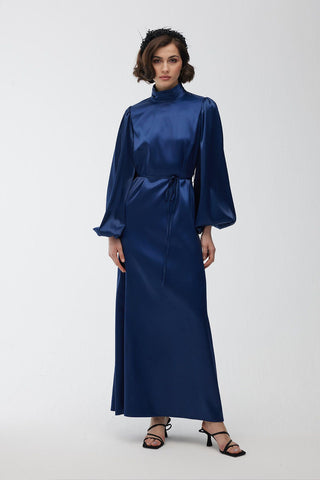 Balloon Sleeve Satin Dress Navy Blue