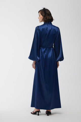 Balloon Sleeve Satin Dress Navy Blue