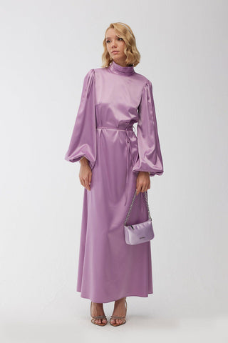 Balloon Sleeve Satin Dress Lilac