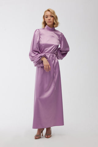 Balloon Sleeve Satin Dress Lilac