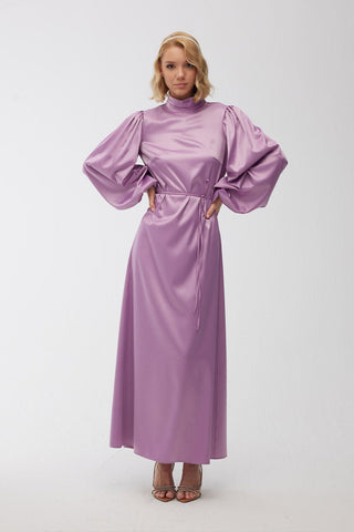 Balloon Sleeve Satin Dress Lilac