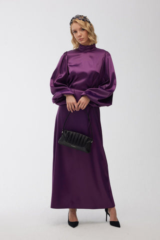 Balloon Sleeve Satin Dress Purple