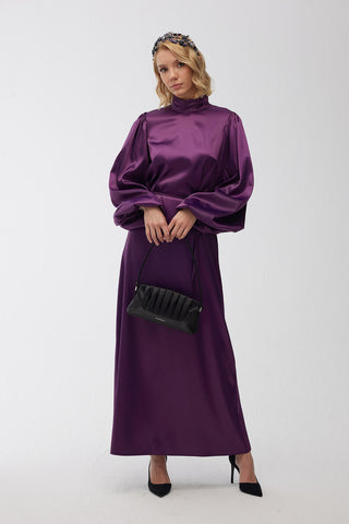 Balloon Sleeve Satin Evening Dress Purple
