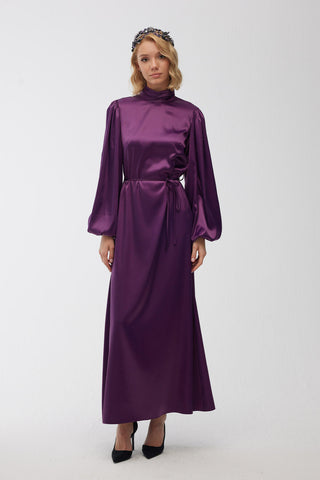 Balloon Sleeve Satin Evening Dress Purple