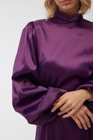 Balloon Sleeve Satin Evening Dress Purple