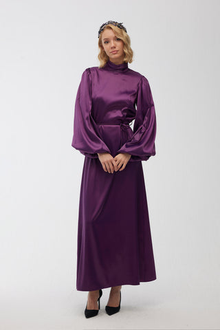 Balloon Sleeve Satin Evening Dress Purple