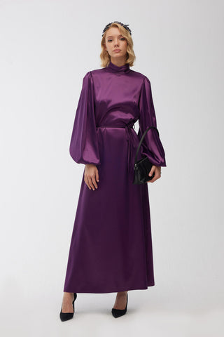 Balloon Sleeve Satin Evening Dress Purple