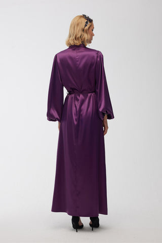 Balloon Sleeve Satin Evening Dress Purple